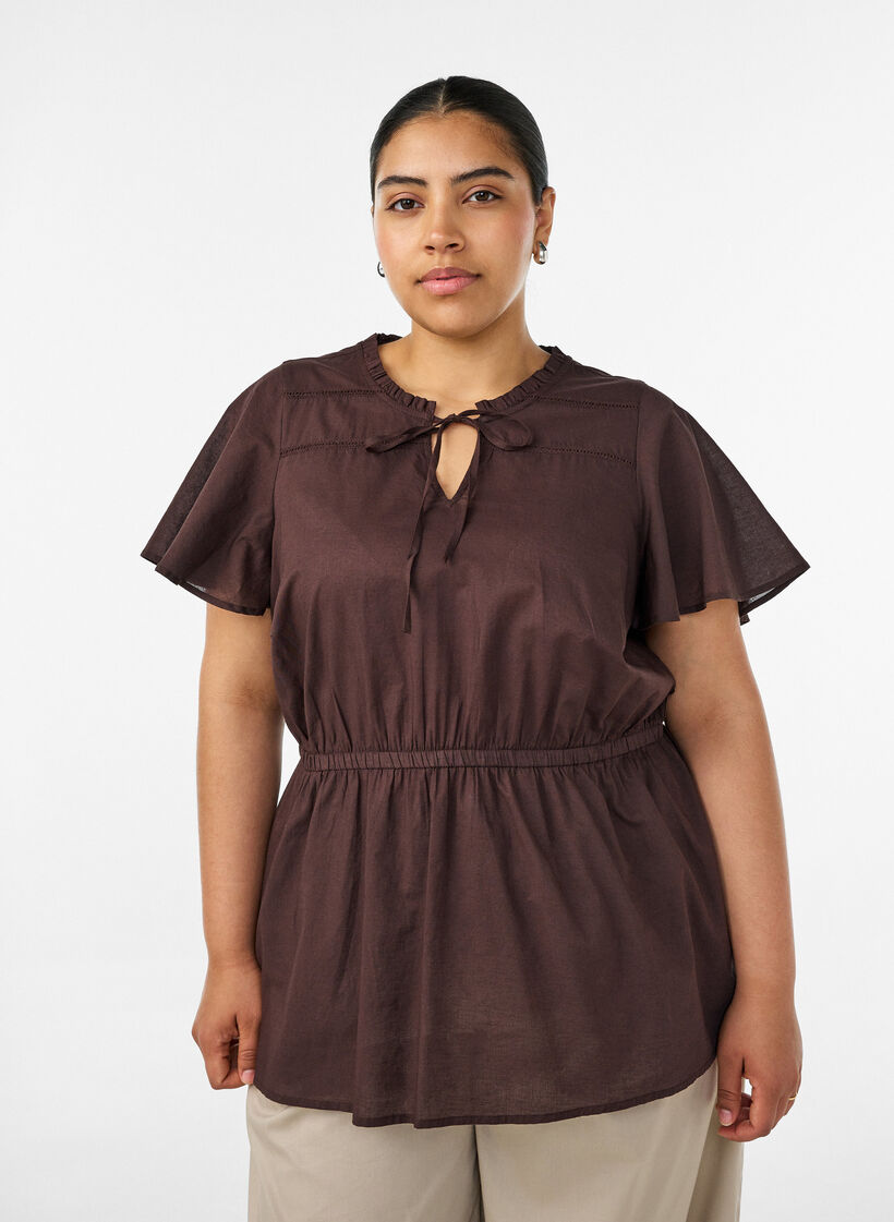 Cotton blouse with tie-string and elastic waist, Brown, Model image number 0