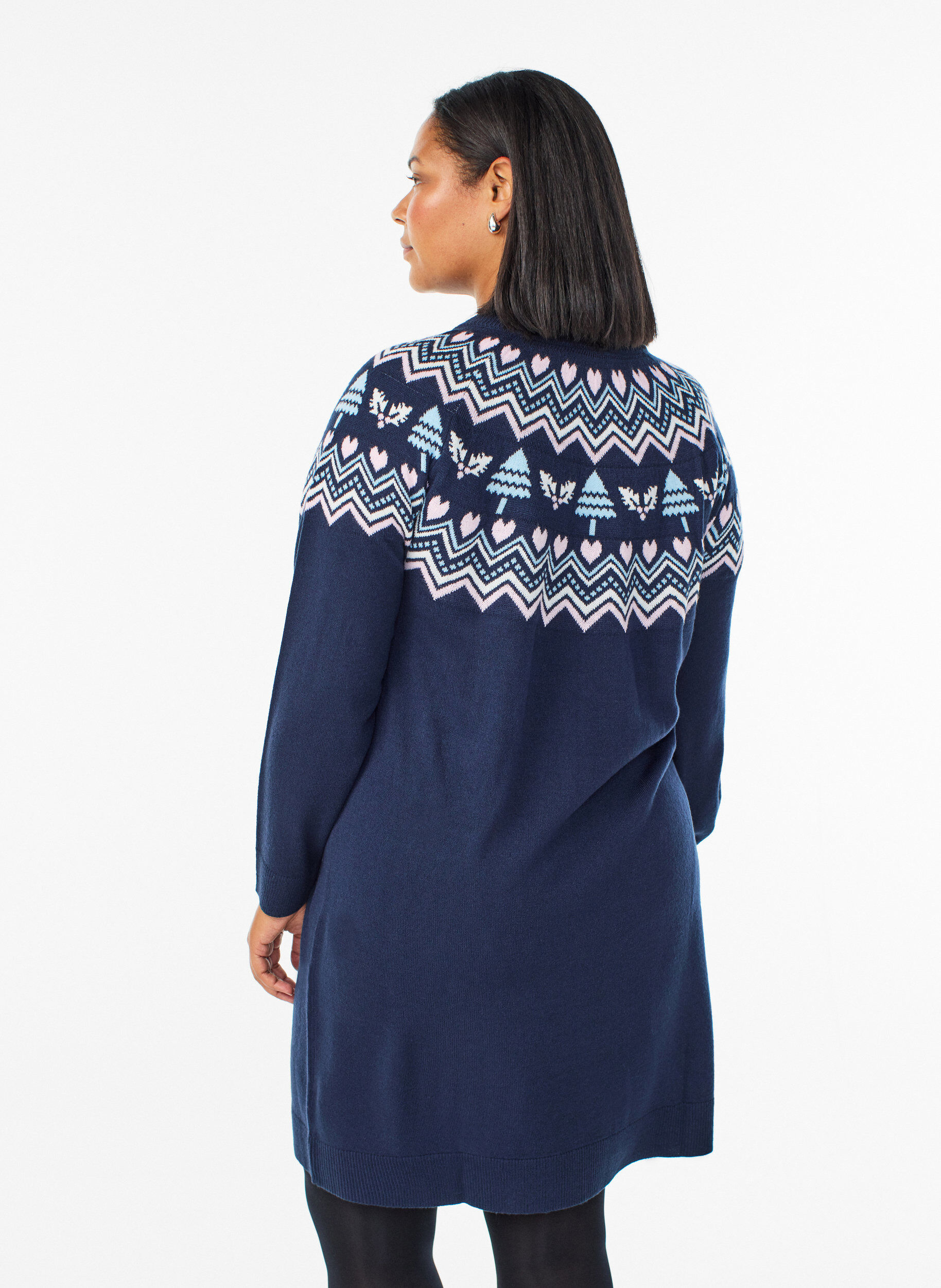 Zizzifashion Short knit dress with jacquard pattern and Christmas motifs, Blue, Model image number 2