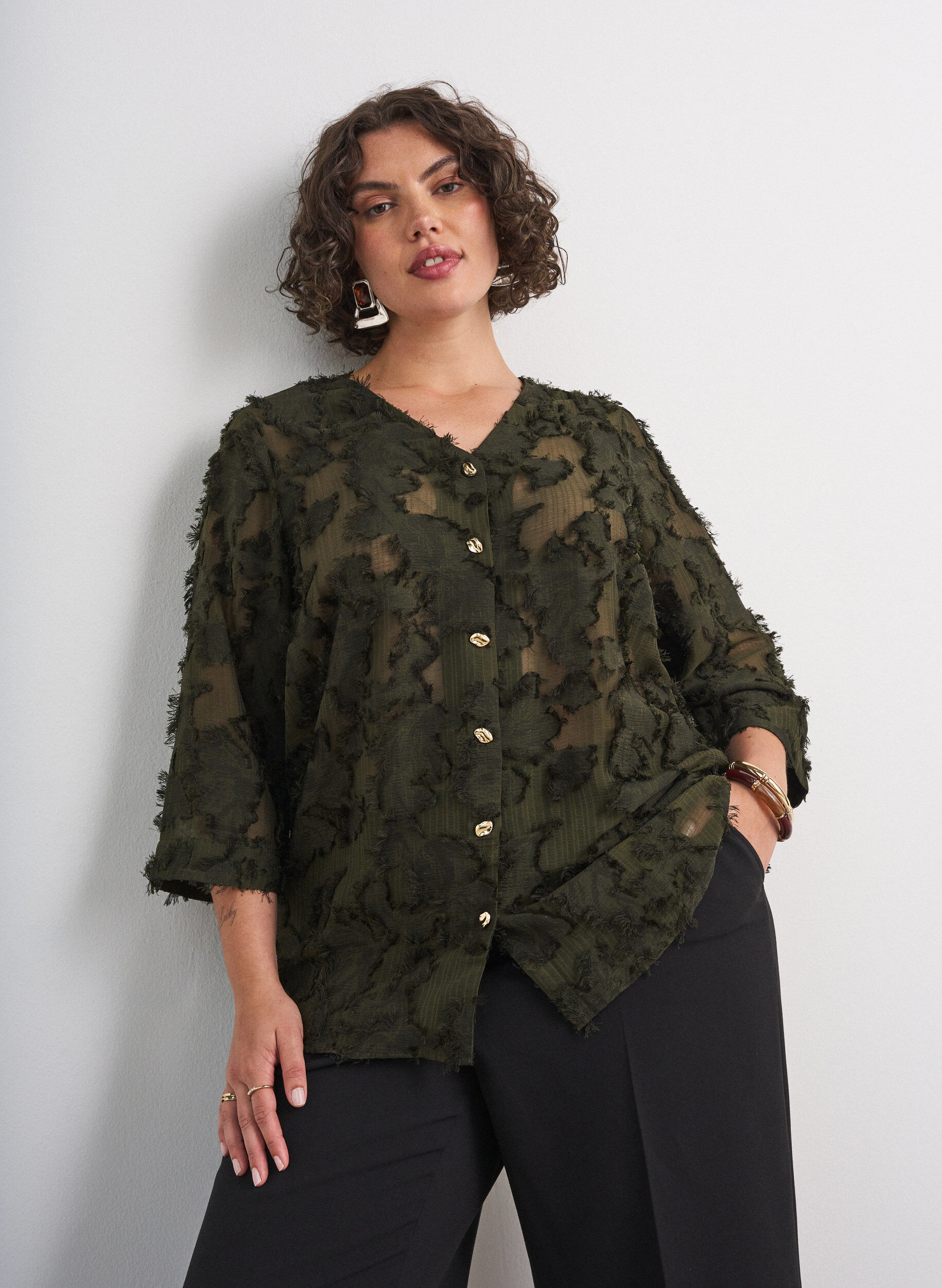 ZizzifashionBlouse with frayed threads and texture, Green, Model image number 0