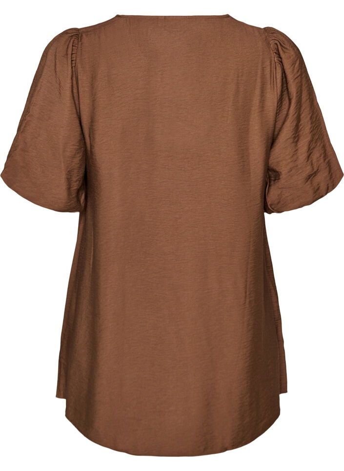 Tunic with balloon sleeves and a V-neck, Brown, Packshot image number 1