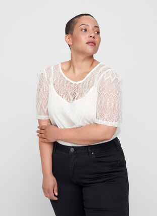 Lace blouse with short sleeves, Vanilla Ice, Model image number 0