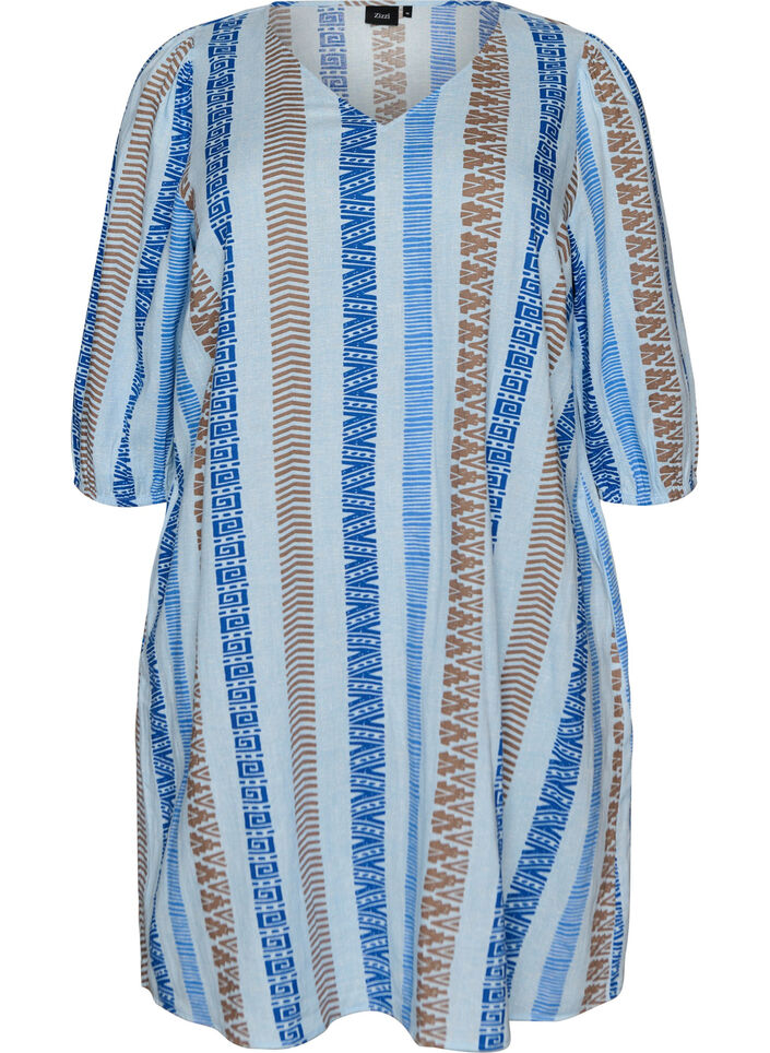 Short dress in linen and viscose with 3/4 sleeves, Blue, Packshot image number 0