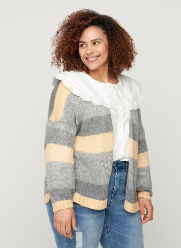 Short knitted cardigan with stripes, Light Grey Mel Comb, Model image number 0