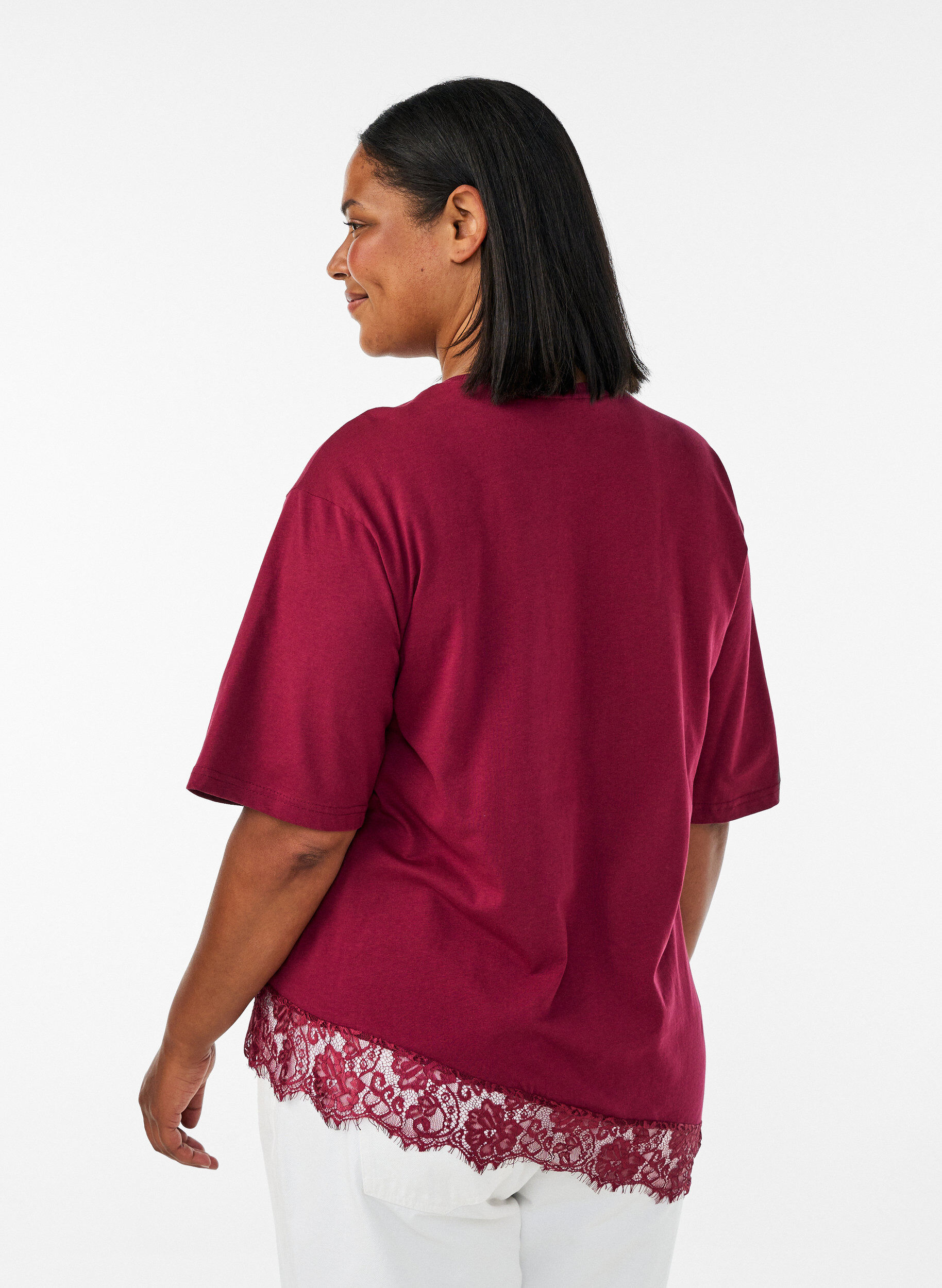 ZizzifashionT-shirt with asymmetric lace hem, Red, Model image number 2