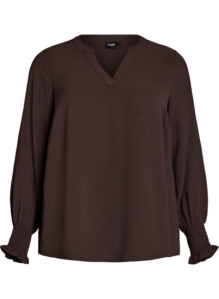 Blouse with smock cuffs and V-neck, Brown, Packshot image number 0