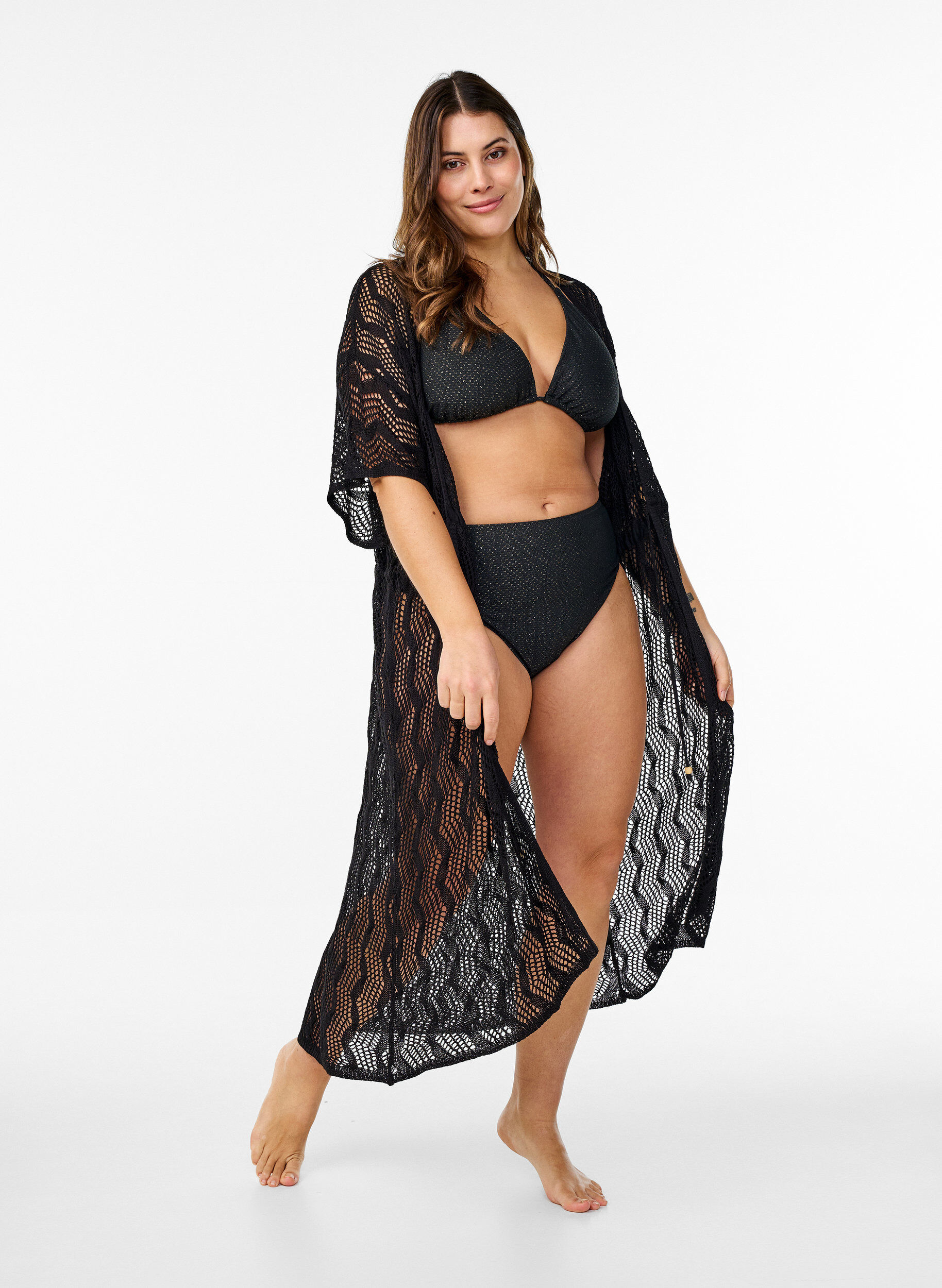 Zizzifashion Beach kimono with tie belt, Black, Model image number 0