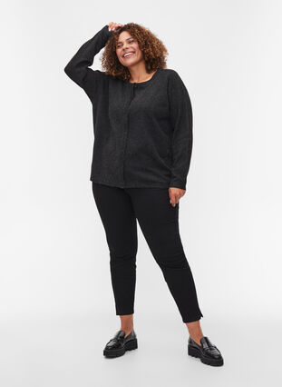 Short melange knitted cardigan with button fastening, Black, Model image number 2
