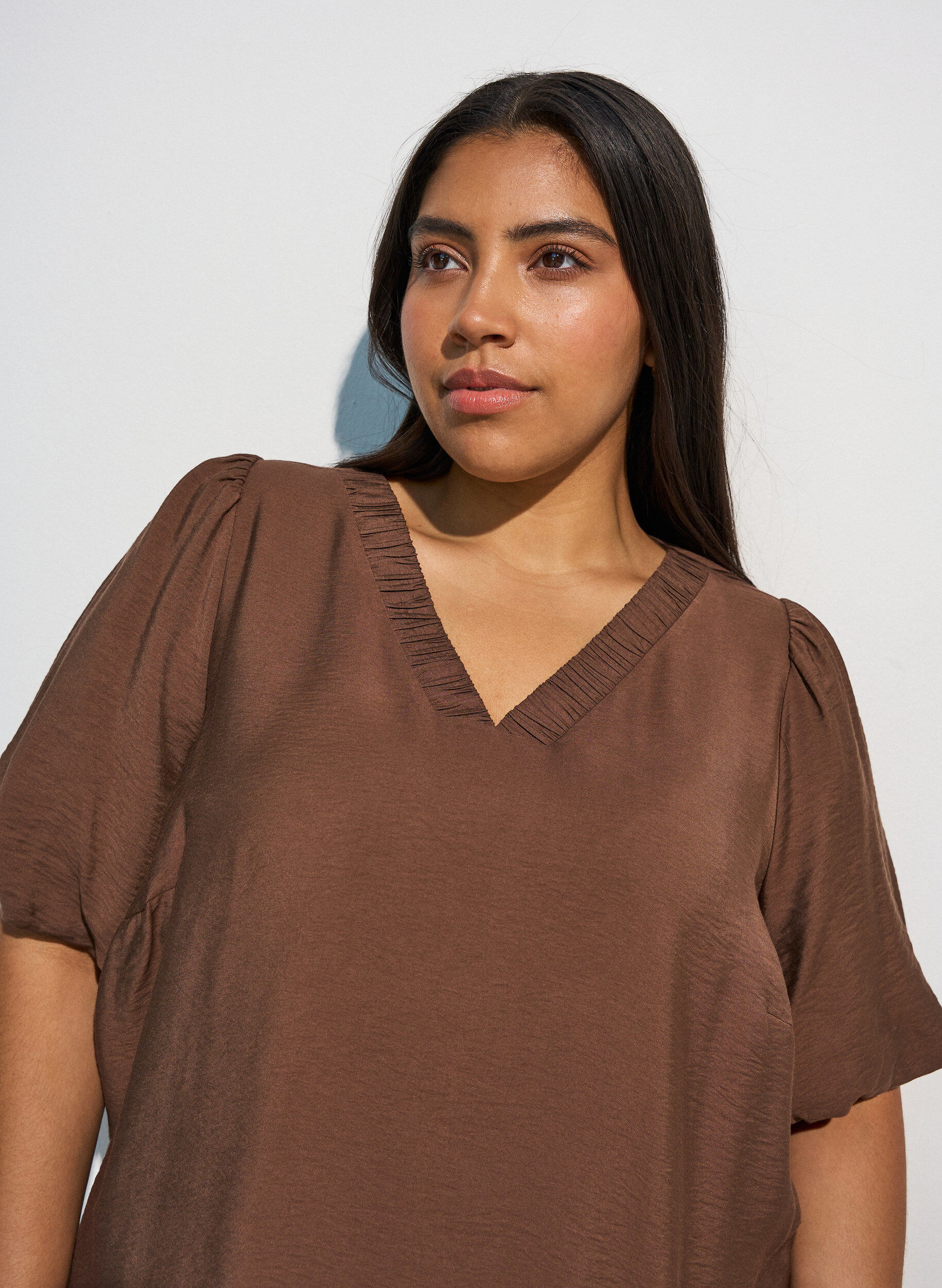 ZizzifashionBlouse with balloon sleeves and V-neck, Brown, Model image number 3