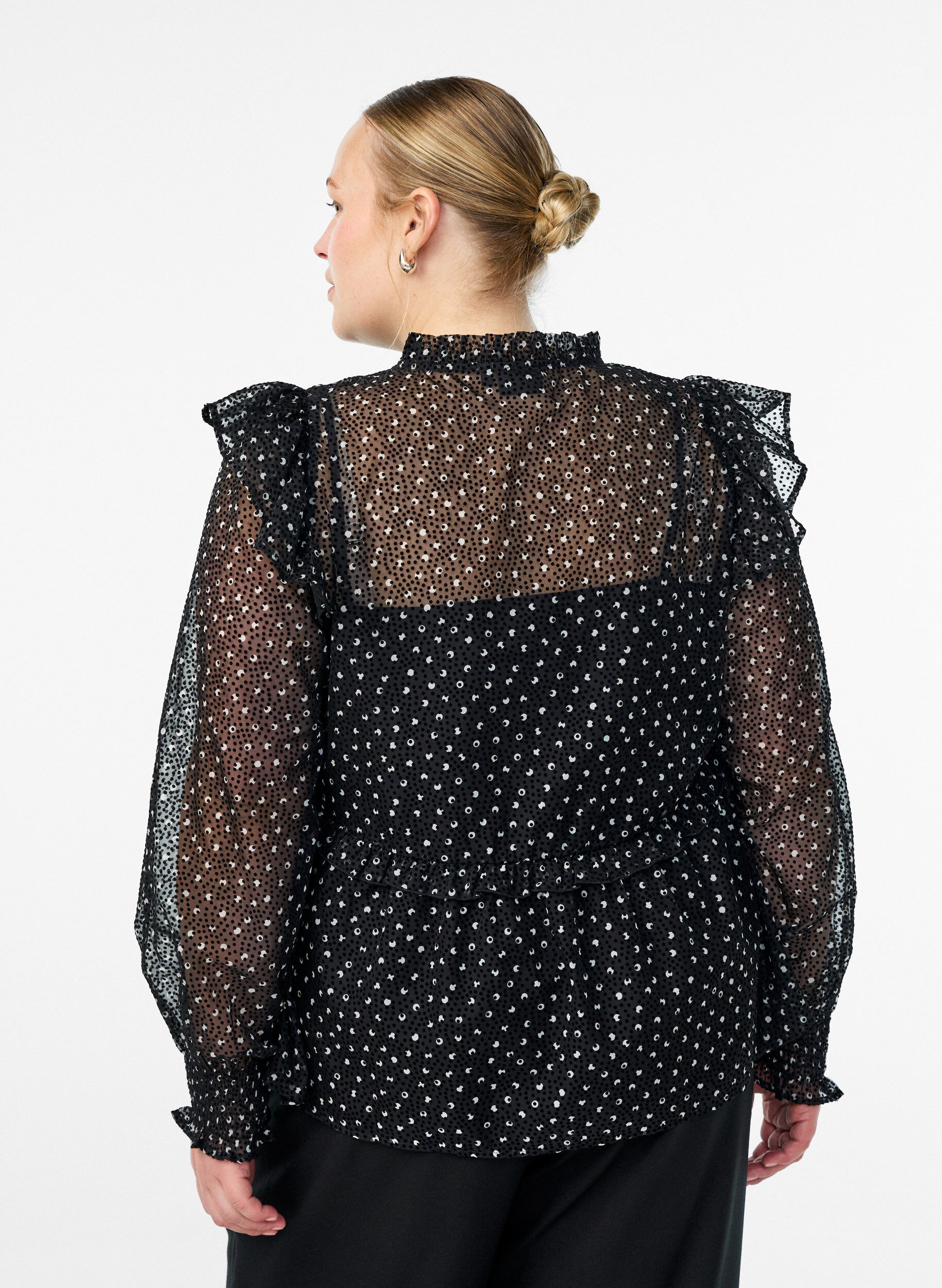 Zizzifashion Chiffon blouse with ruffle details and small dots, Black, Model image number 2