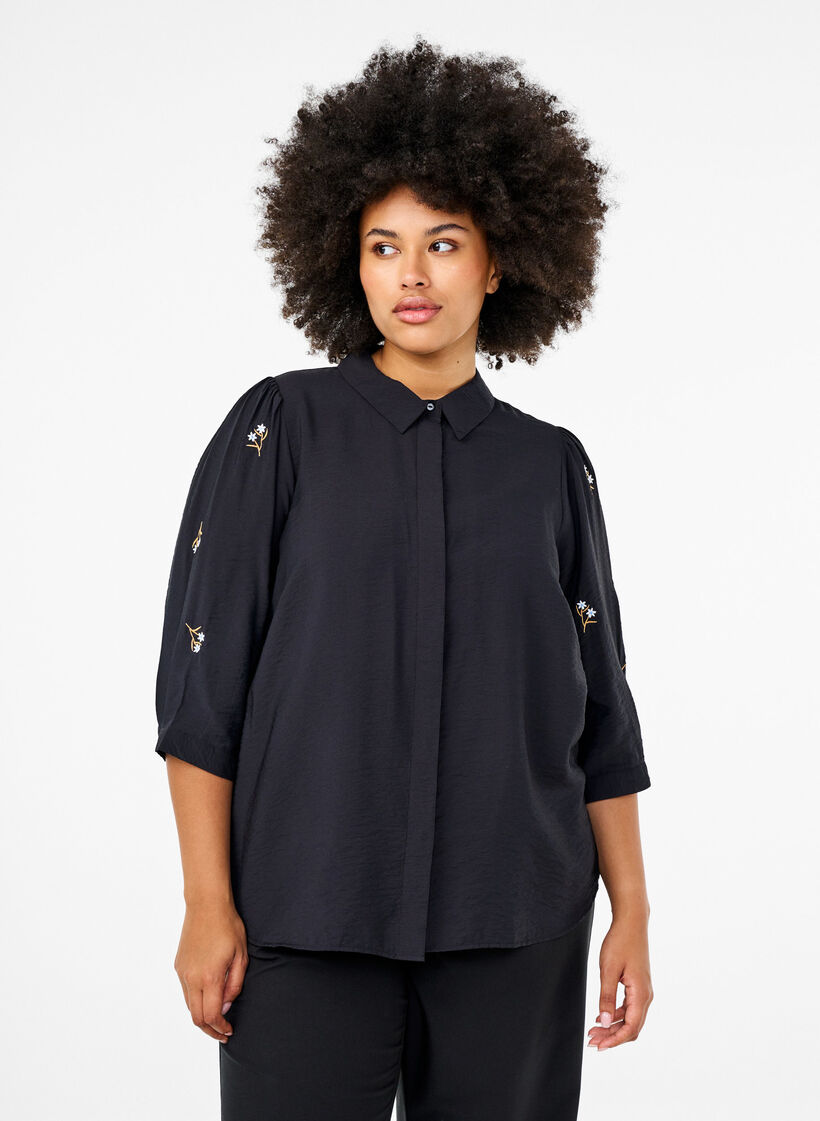 Blouse with 3/4 sleeves and floral embroidery, Black, Model image number 0
