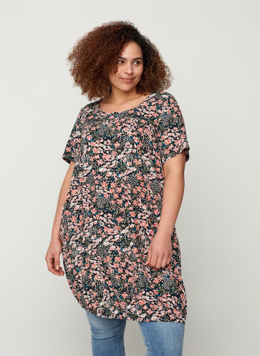 Short-sleeved viscose dress with print, Black/Coral Flower, Model image number 0