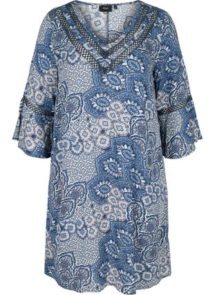 Viscose dress with 3/4 sleeves and print, Asian Blue print, Packshot image number 0
