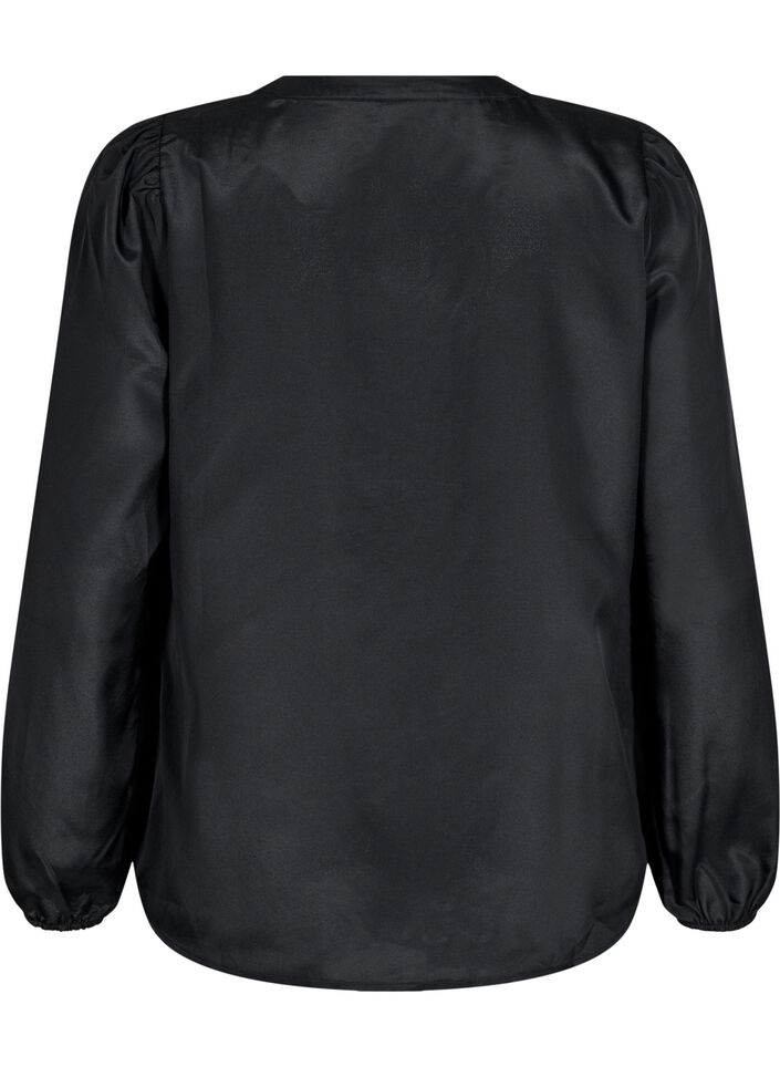 Satin blouse with ruffle detail, Black, Packshot image number 1