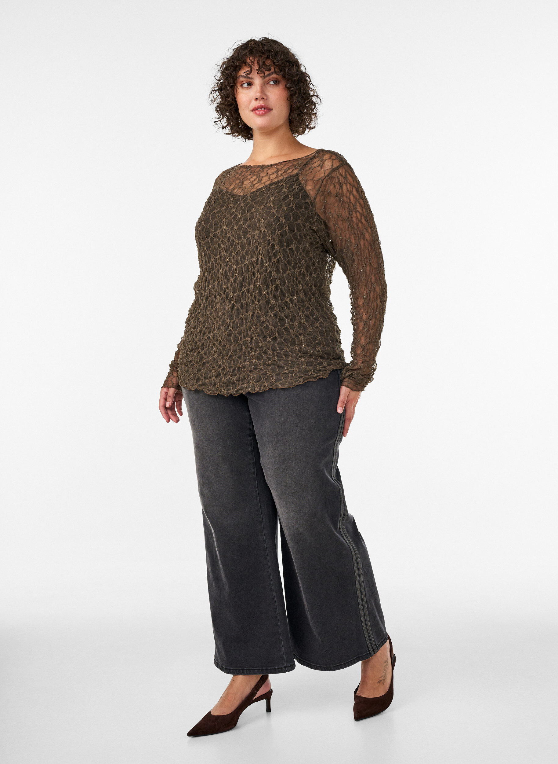 ZizzifashionMesh blouse with pattern and glitter thread, Brown, Model image number 1