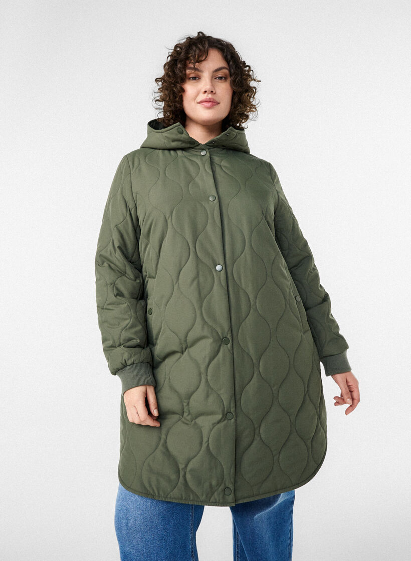 Mid-length quilted jacket with a hood, Green, Model image number 3
