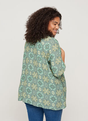Printed viscose blouse with 3/4-length sleeves, Green Indian, Model image number 1