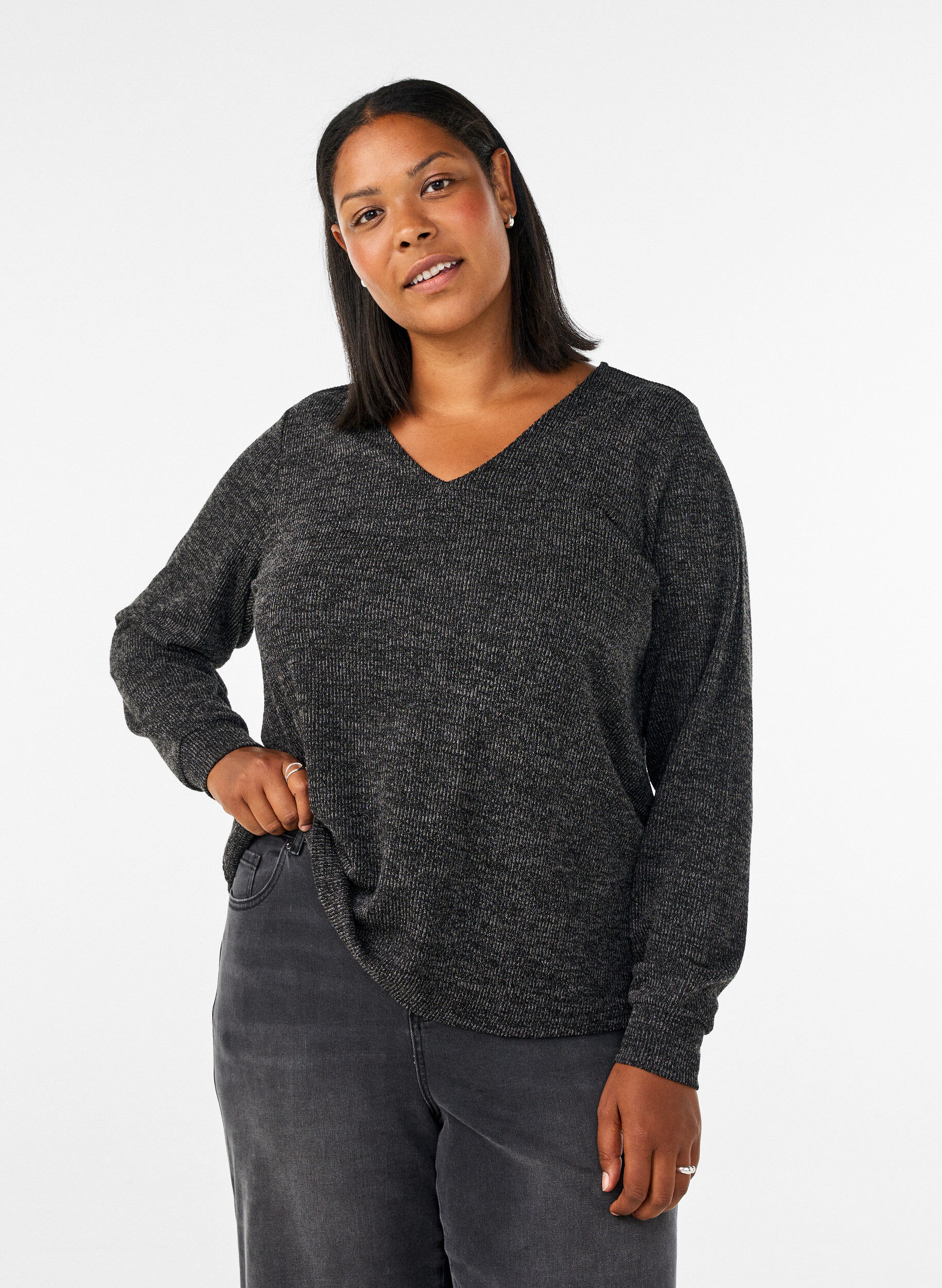 ZizzifashionJersey blouse with a V-neck and long sleeves, Black, Model image number 0