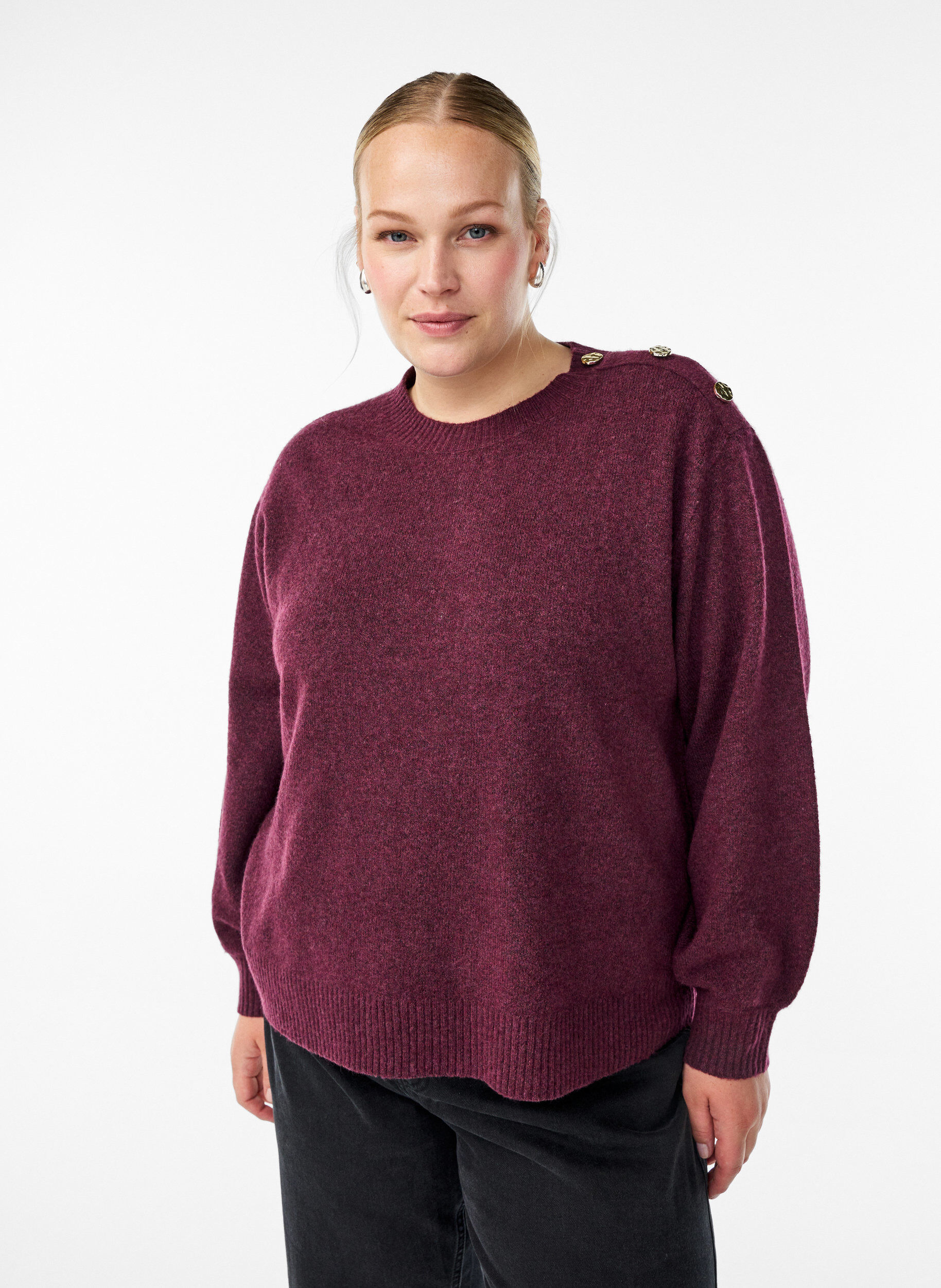ZizzifashionKnit blouse with button detail, Dark Bordeaux, Model image number 0