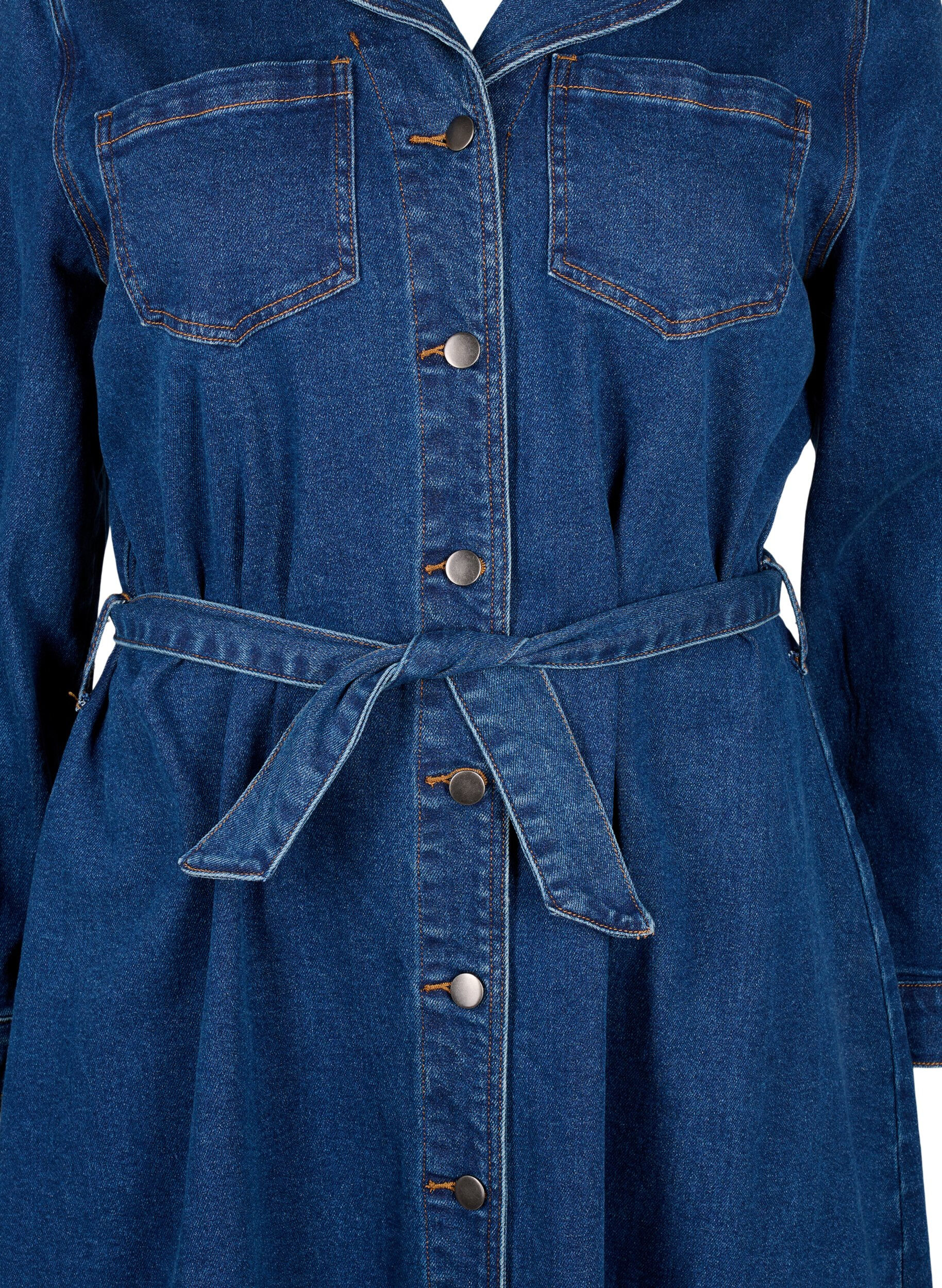 Zizzifashion Midi shirt dress in denim with belt, Dark Blue Denim, Packshot image number 2