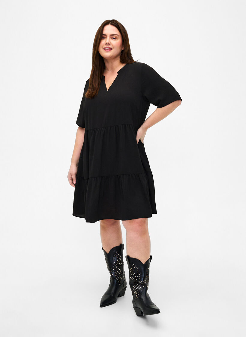 Short sleeve dress with a-line and cutlines, Black, Model image number 1