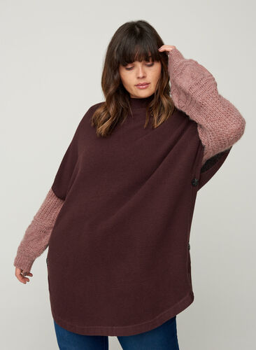 Short-sleeved knitted poncho with a high neck, Fudge, Model image number 0