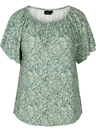 Short-sleeved viscose blouse with print, Light Green Leaf, Packshot image number 0