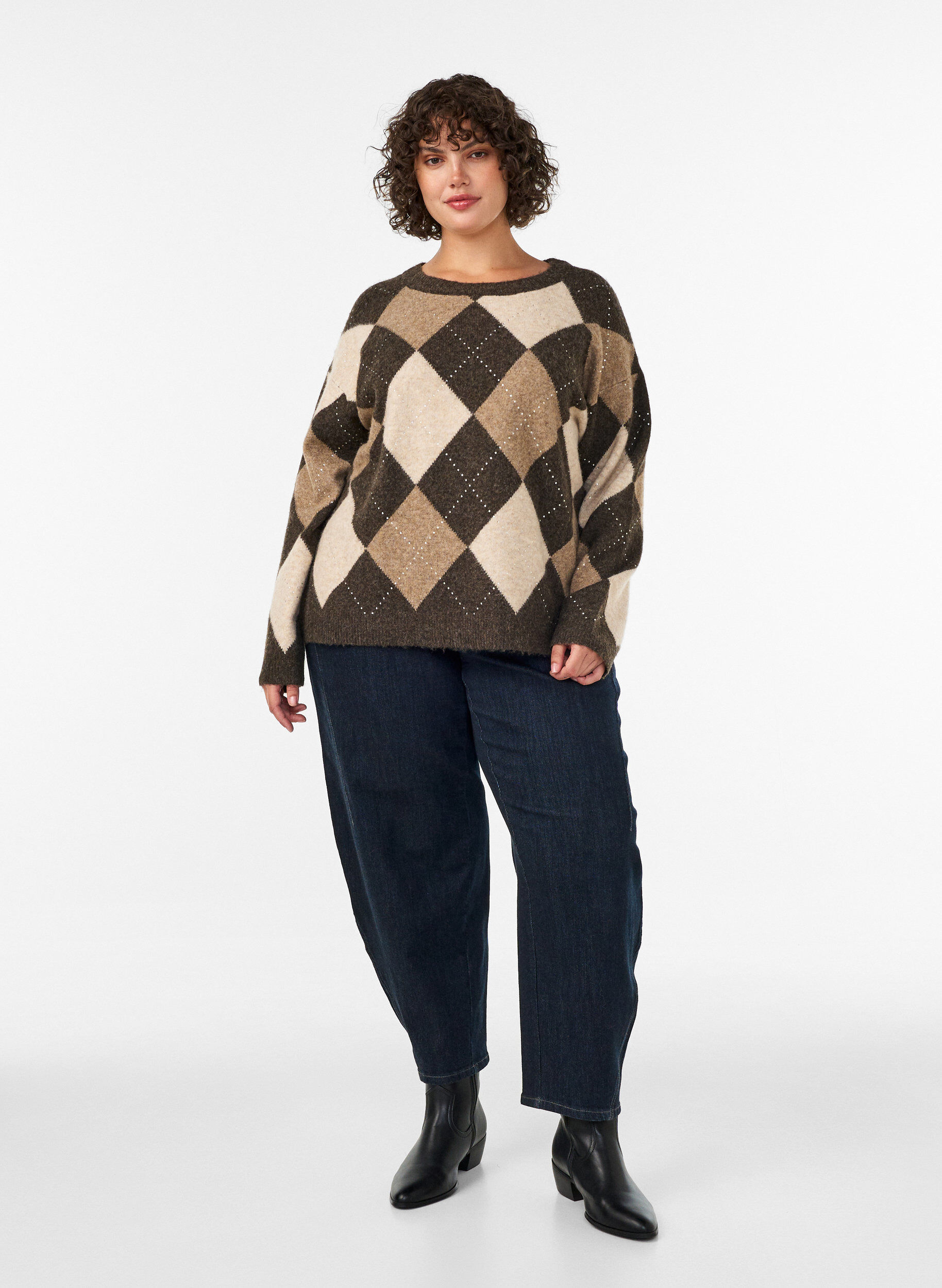 ZizzifashionKnitted top with argyle pattern and rhinestones, Brown, Model image number 1