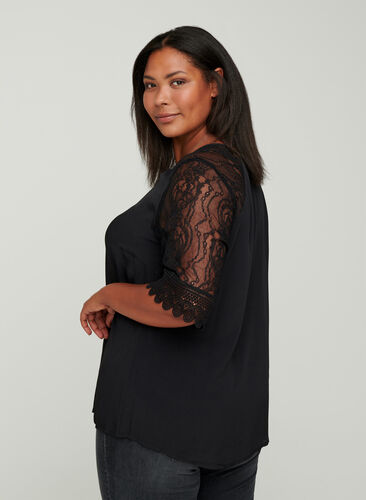 Viscose blouse with lace sleeves, Black, Model image number 1