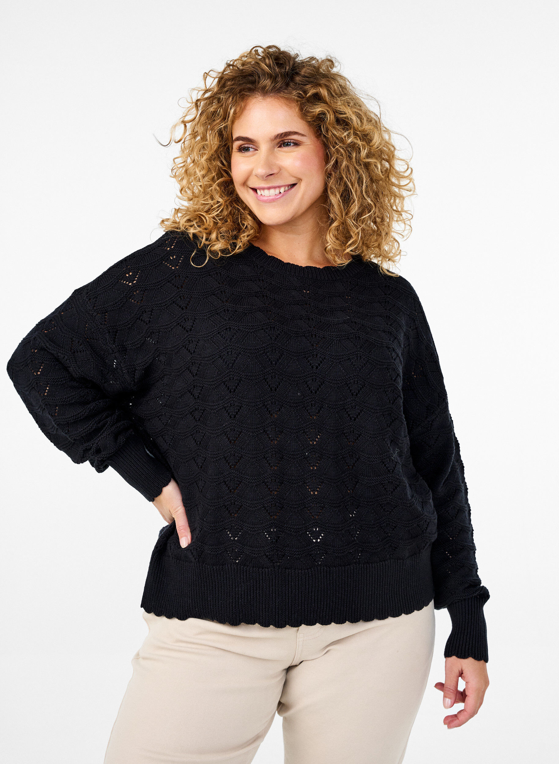 Zizzifashion Long-sleeved knit blouse with an openwork pattern, Black, Model image number 0