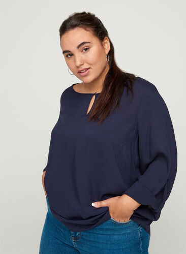 Long-sleeved viscose blouse with a round neck, Night Sky, Model image number 0