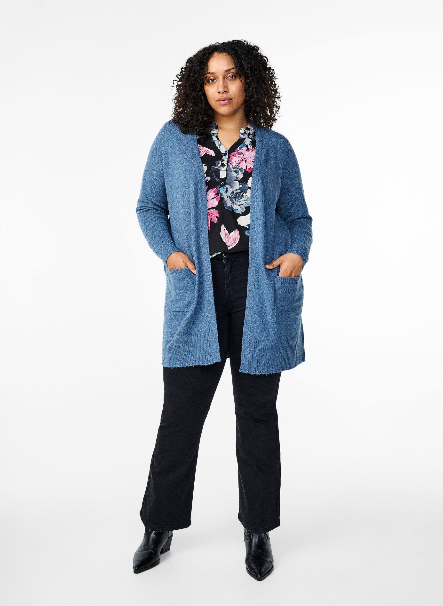Zizzifashion Ribbed Knit Cardigan with Pockets, Blue, Model image number 1