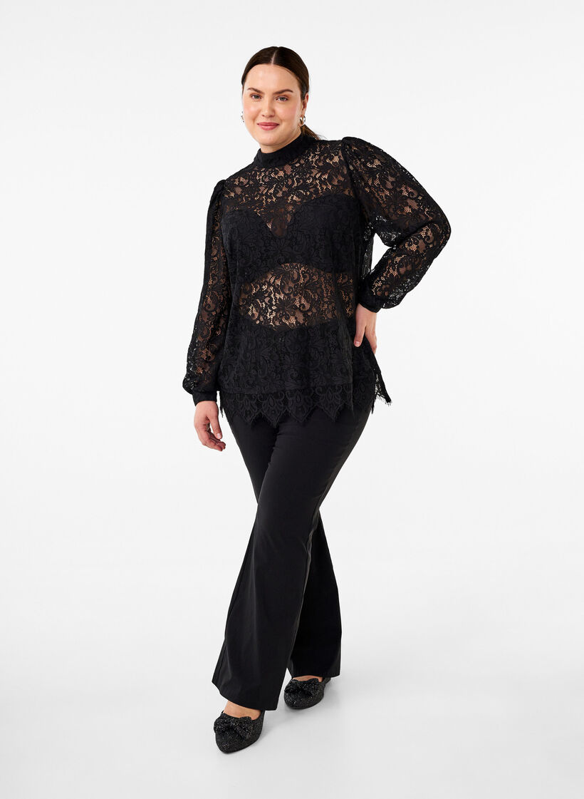 Lace blouse with bow detail, Black, Model image number 2