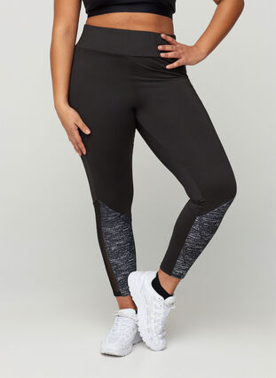 Cropped exercise tights with print and mesh, Black, Model image number 2
