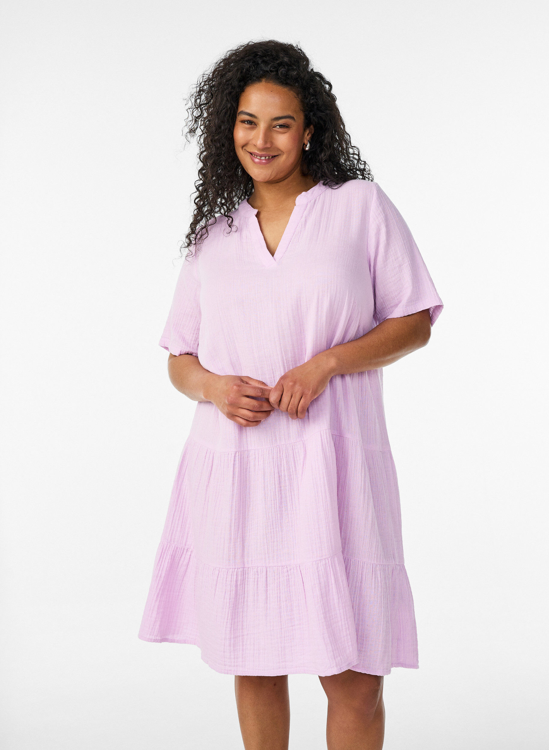 Short A-line dress in cotton muslin, Purple, Model
