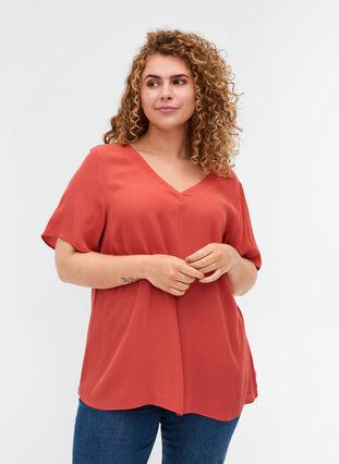 Short-sleeved viscose blouse with V-neckline  , Hot Sauce, Model image number 0