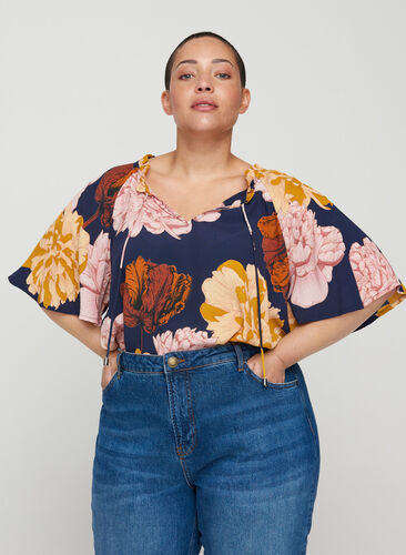 Short-sleeved viscose blouse with floral print, Navy Blazer Flower, Model image number 0