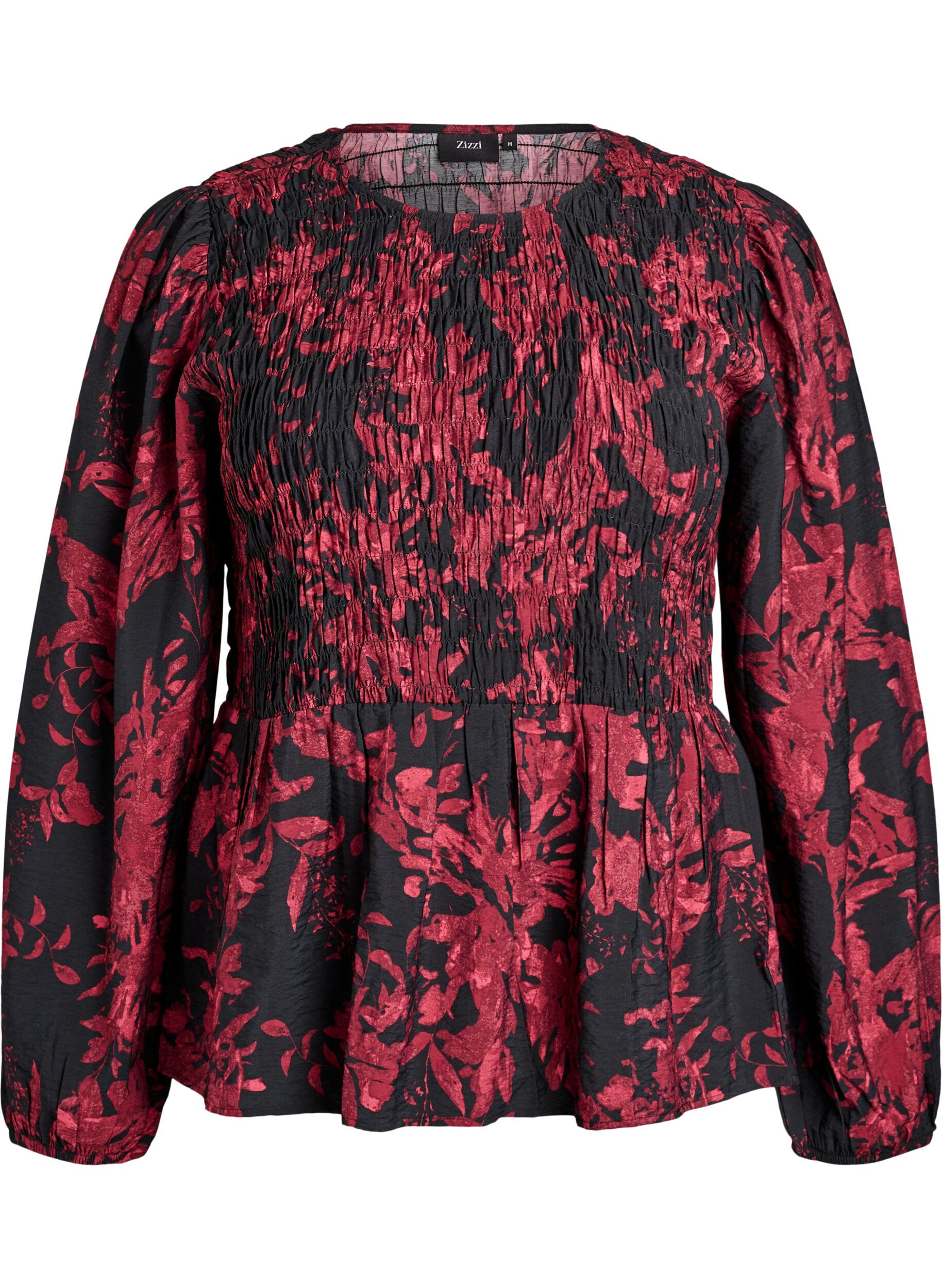 ZizzifashionBlouse with smock and long sleeves, Black, Packshot image number 0