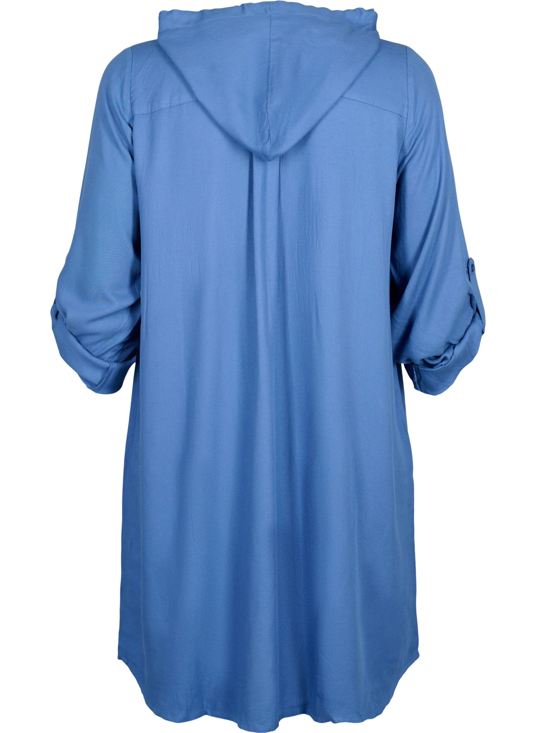 Zizzifashion Shirt dress in viscose with hood and 3/4 sleeves, Moonlight Blue, Packshot image number 1