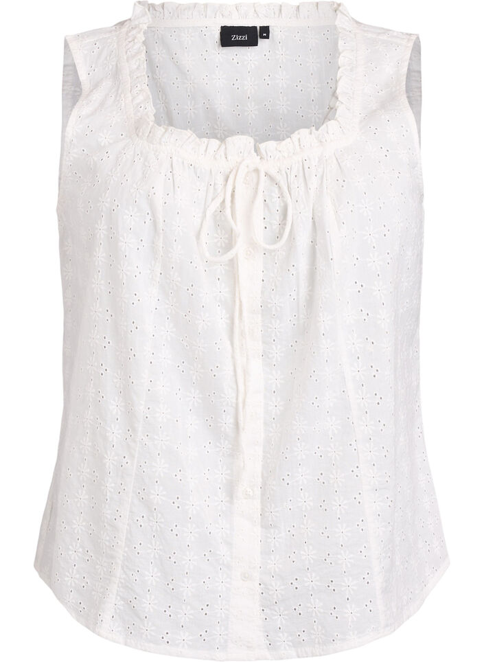 Sleeveless blouse with broderie anglaise and ruffles, Vanilla, Packshot image number 0