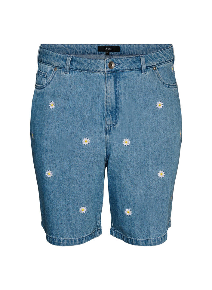 High-waisted denim shorts with floral embroidery, Light Blue, Packshot image number 0
