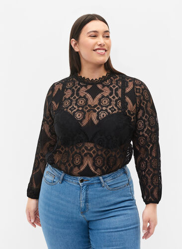Lace top with round neckline, Black, Model image number 0