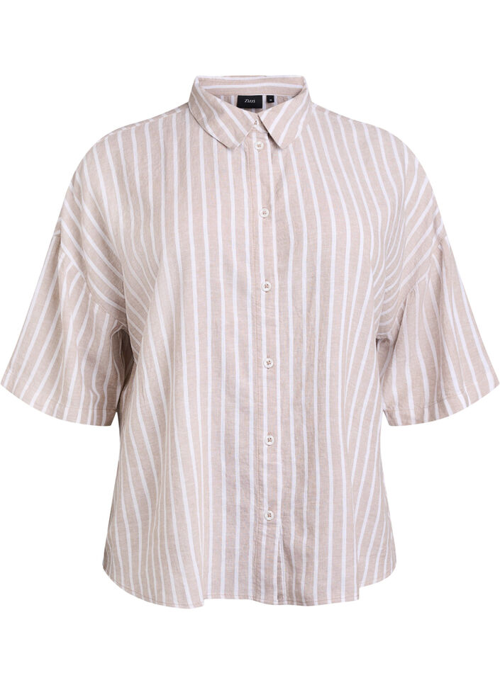 Striped shirt in linen and viscose, Beige, Packshot image number 0