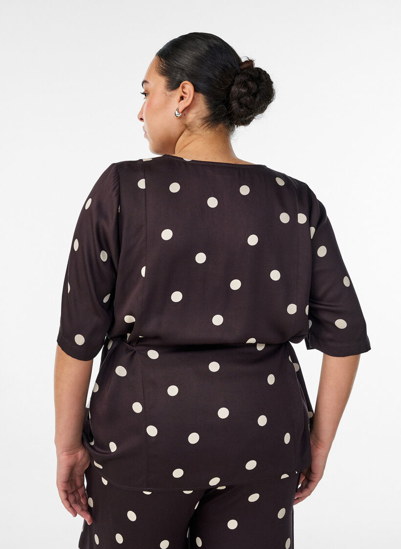 Polka dot viscose blouse with V-neck and tie-fastening, Brown, Model image number 2