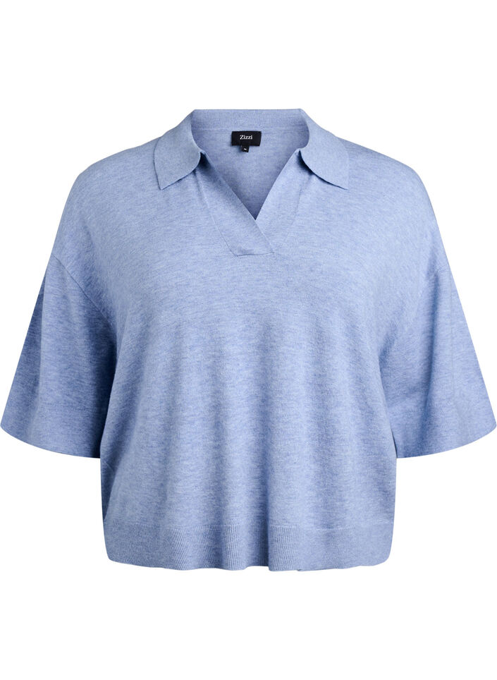 Knitted blouse with a collar and short sleeves, Blue, Packshot image number 0