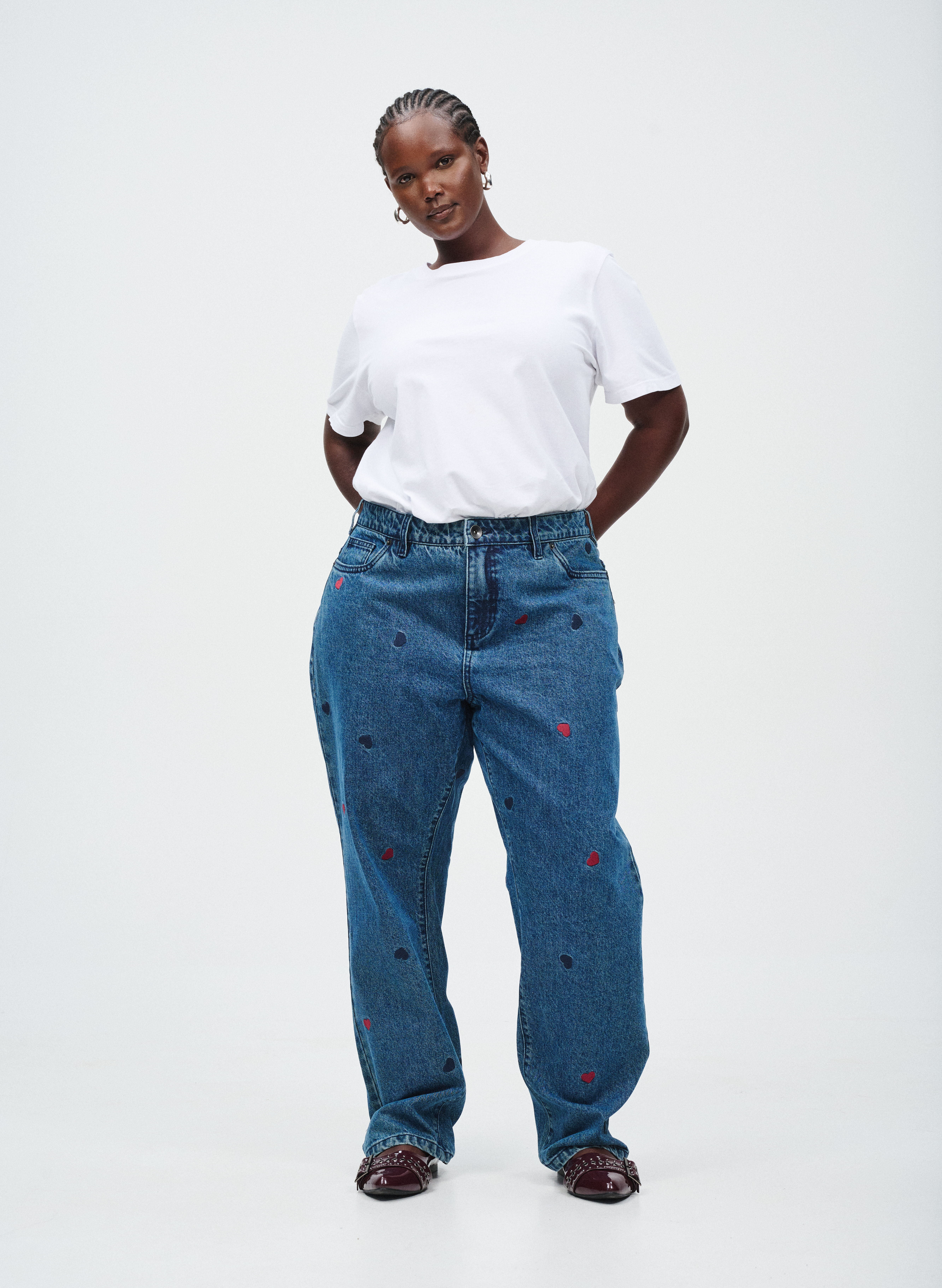Jeans with embroidered details, , Model