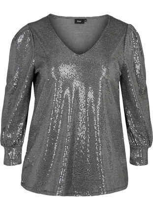 Sequined blouse with 3/4 length sleeves, Silver, Packshot image number 0