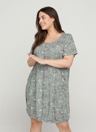 Short-sleeved viscose dress with print, Chinois Green Flower, Model image number 0