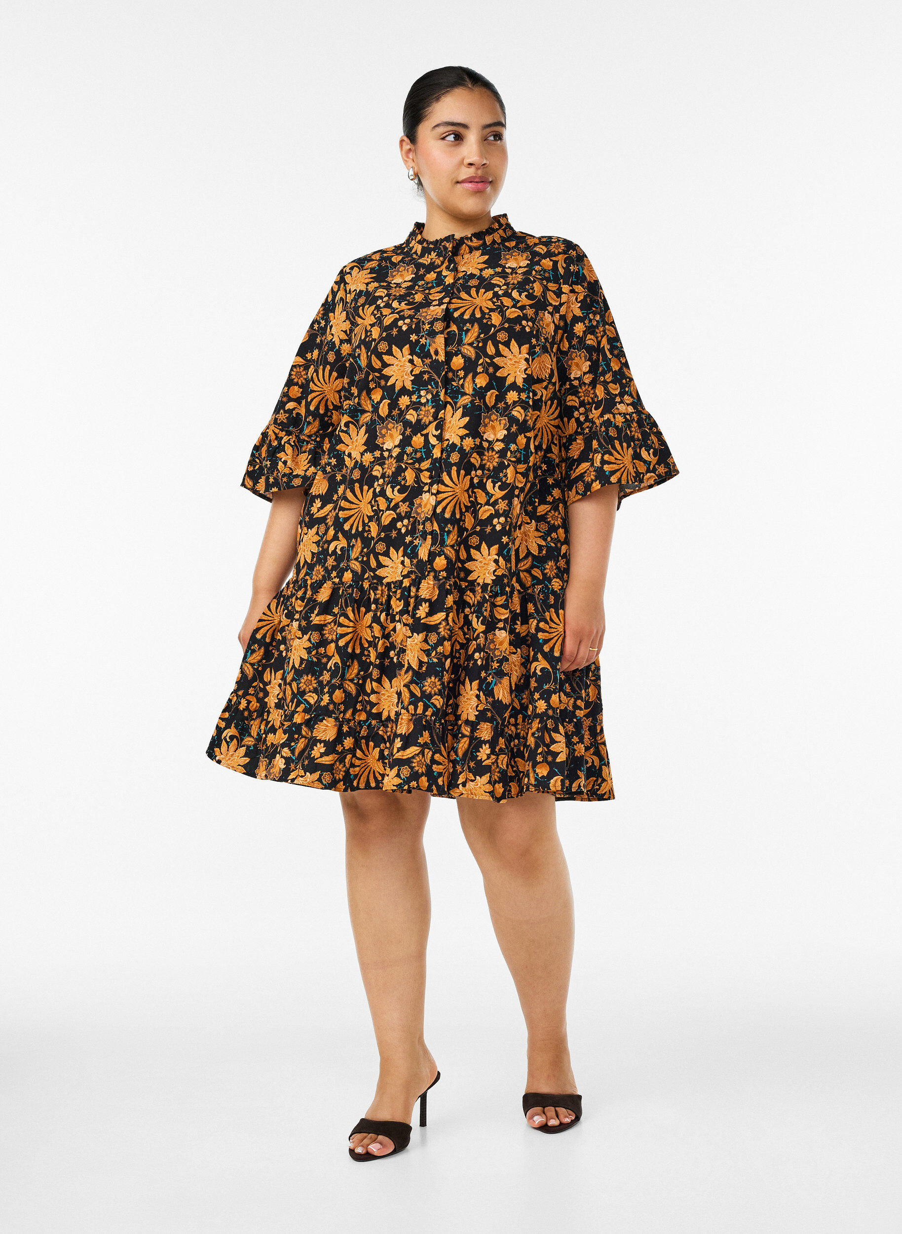Zizzifashion Floral cotton dress with ruffle details and a loose A-line shape, Orange, Model image number 1
