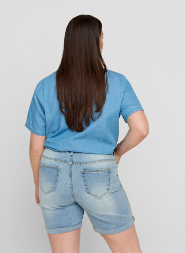Short-sleeved blouse with embroidery, Light blue denim ASS, Model image number 1