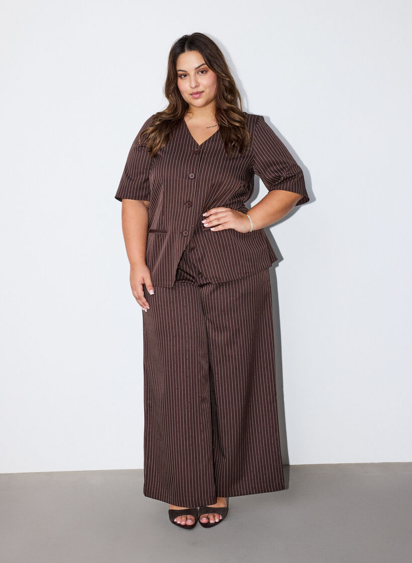 Pinstripe blouse with rhinestones and buttons, Brown, Model image number 1